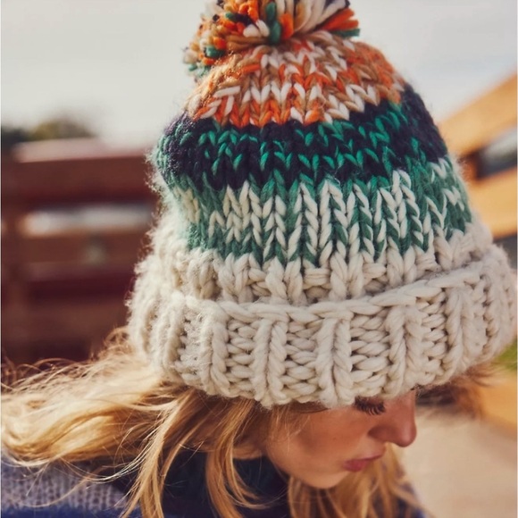 Free People Tide Stripe Knit Pom Beanie Ivory NWT - Picture 1 of 14